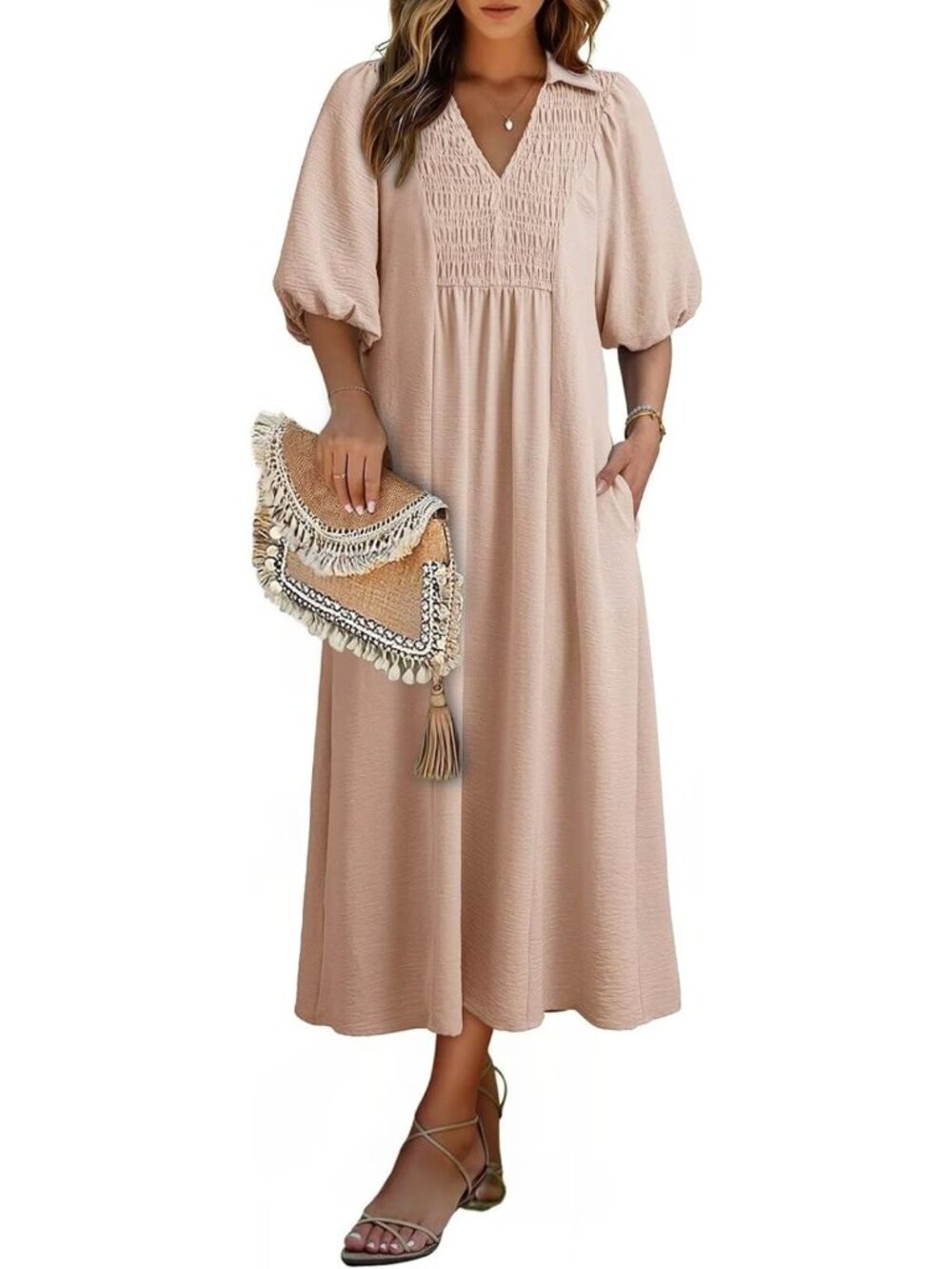 2026 Summer Maxi Dress for Women | Casual V Neck Puff Sleeve A-Line Style